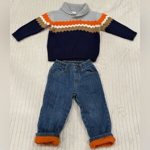Gymboree Striped Knit Sweater & Denim Jeans Set - Navy, Gray, Orange, Tan 18-24
